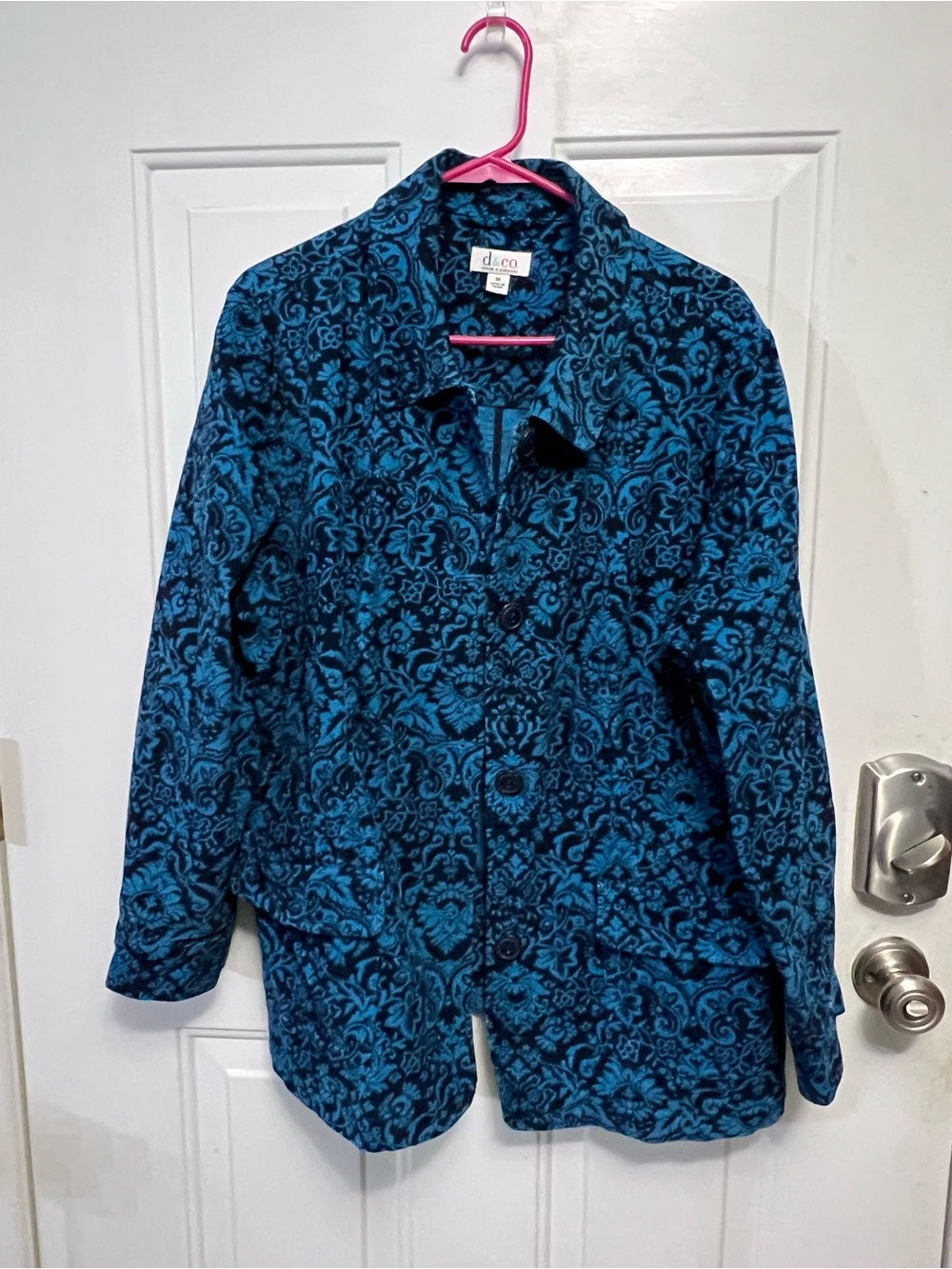D&Co Denim + Company 1X Textured Damask Jacket teal Black Cotton Button